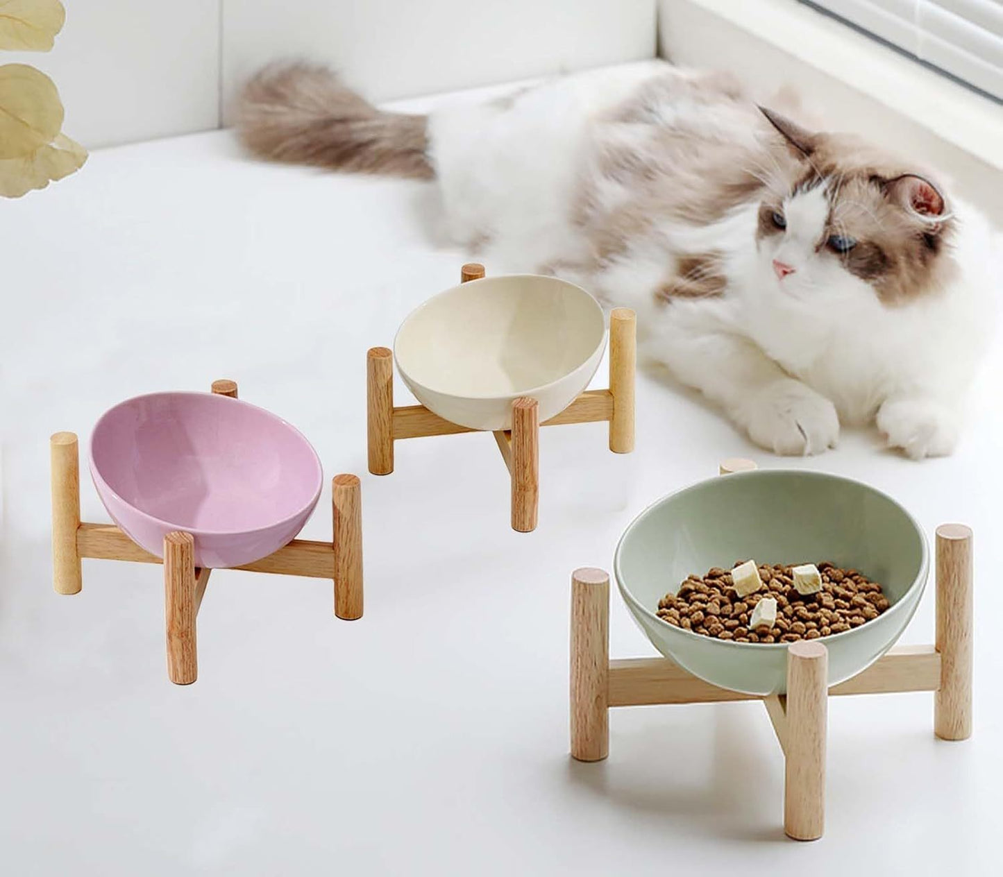 Elevated Raised Bowl For Indoor Cats, Cat Basic Bowls Dish With Wooden Stand For Water And Food, Ceramic Raised Bowl, Anti-Slip And Easy To Clean, Dopamine Colour