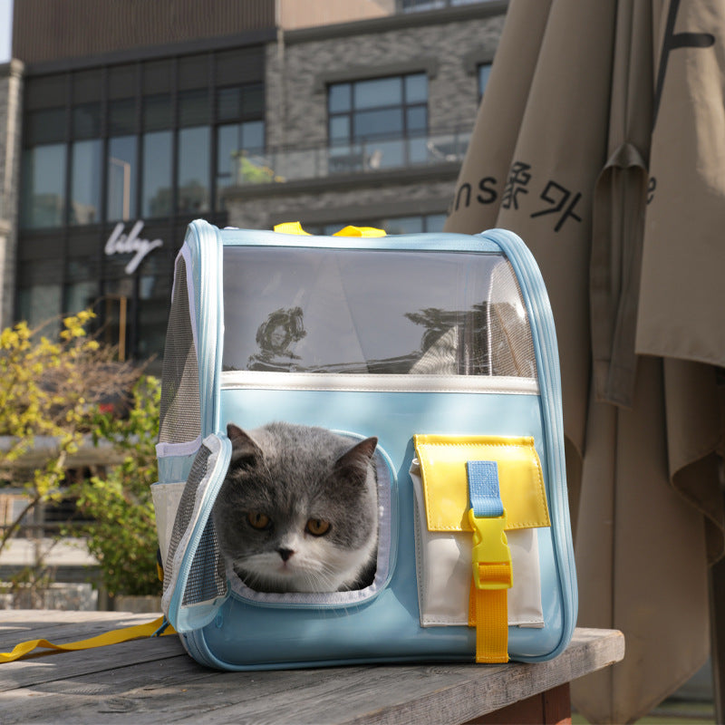 Mochila transparente portátil para salir, bolsa espacial de viaje para mascotas, suministros para gatos de cuero transpirable