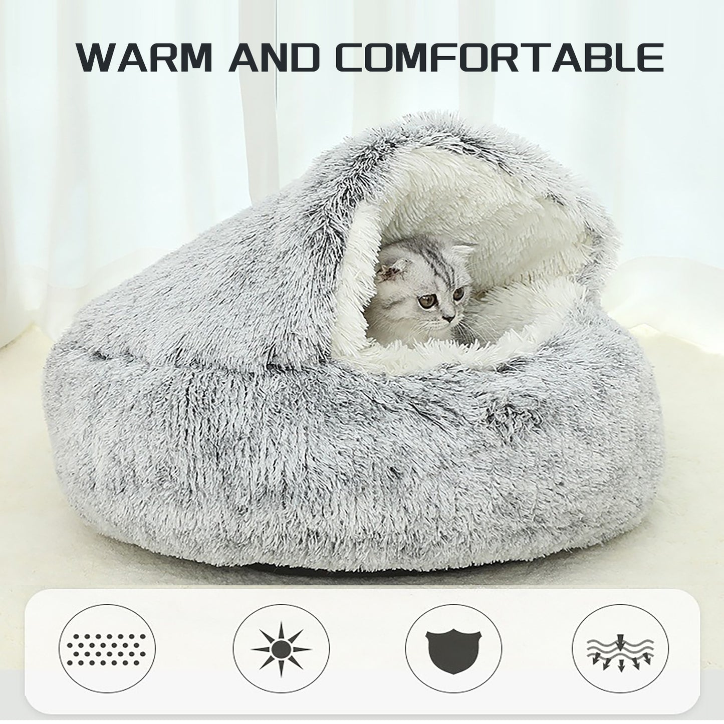 Luxurious Plush Round Cat Bed Cat Bed Round Soft Plush Burrowing Cave Hooded Cat Bed Donut For Dogs Cats - Semi-Enclosed For Cozy Warmth, Easy-Clean Durable Design, Ideal For Winter Comfort