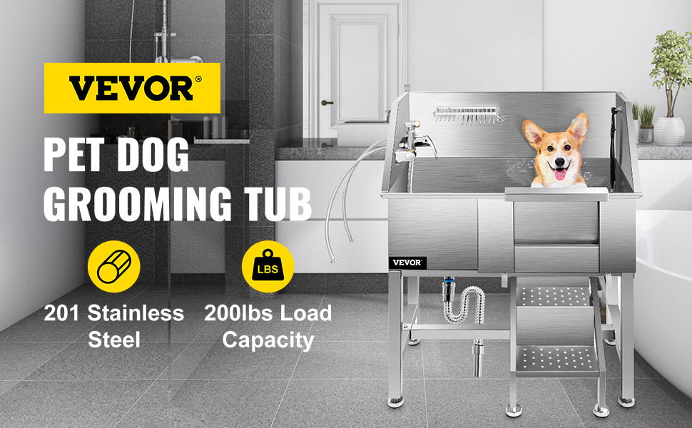 34 Inch Dog Grooming Tub Stainless Steel Pet Grooming Tub With Faucet And Accessories For Dog Washing Station Pet Bath Tub