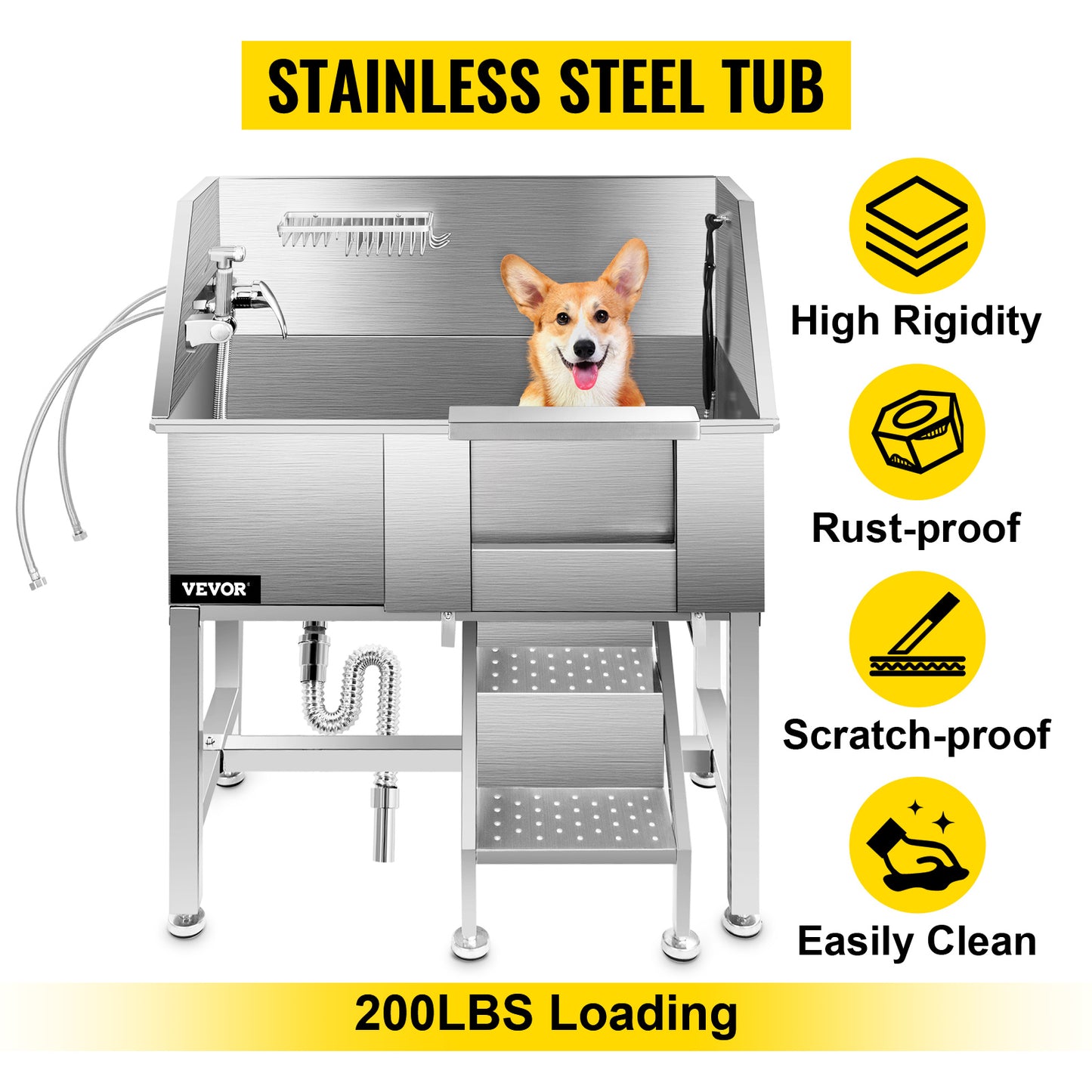 34 Inch Dog Grooming Tub Stainless Steel Pet Grooming Tub With Faucet And Accessories For Dog Washing Station Pet Bath Tub